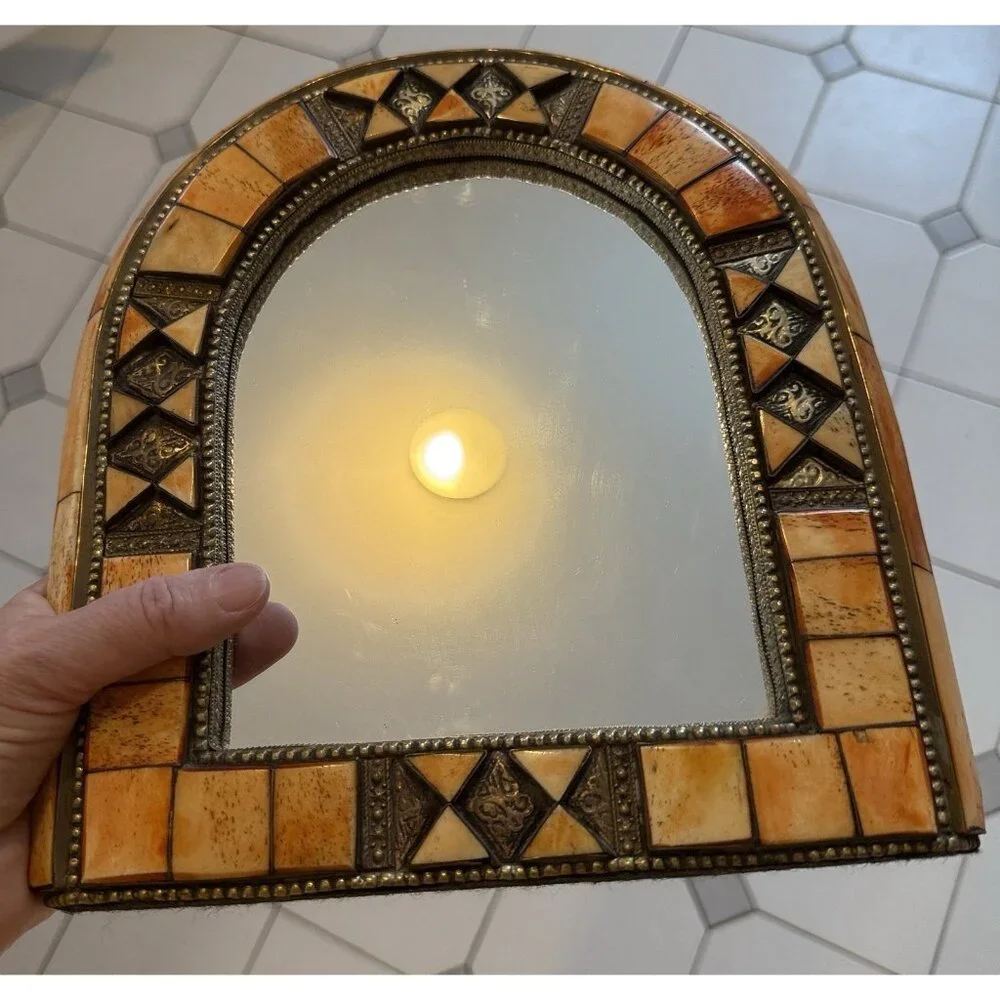 Moroccan Mirror Brass Camel Bone Wood Arched Vintage 10.5 x 9.5" - Picture 4 of 10